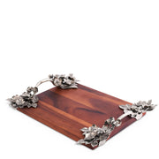 Bee and Flower Serving Tray with wooden base and silver metal floral handles.