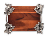 Bee and Flower Serving Tray, top-down view showing wood surface with silver metal corner ornaments.