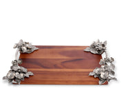 Bee and Flower Serving Tray, top view showing wooden surface with silver metal floral embellishments at corners.