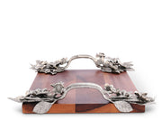 Bee and Flower Serving Tray stacked pair with tiered wooden bases and silver metal handles.