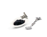 Blueberry Jam Server with white ceramic dish and silver-plated spoon rest featuring berry finial details