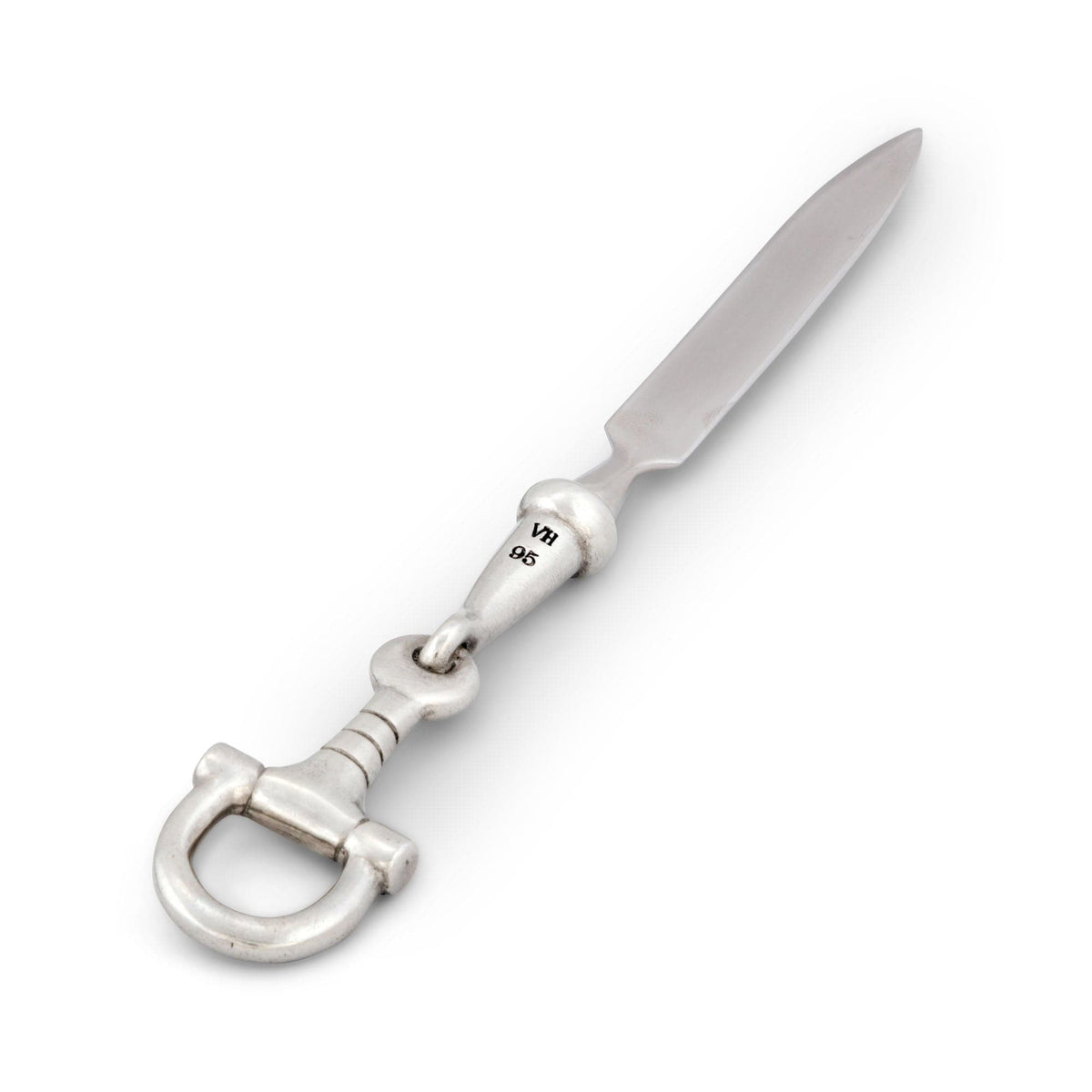 Bit Equestrian Letter Opener with silver handle and D-ring, angled view on white background