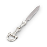 Bit Equestrian Letter Opener with silver handle and D-ring, angled view on white background