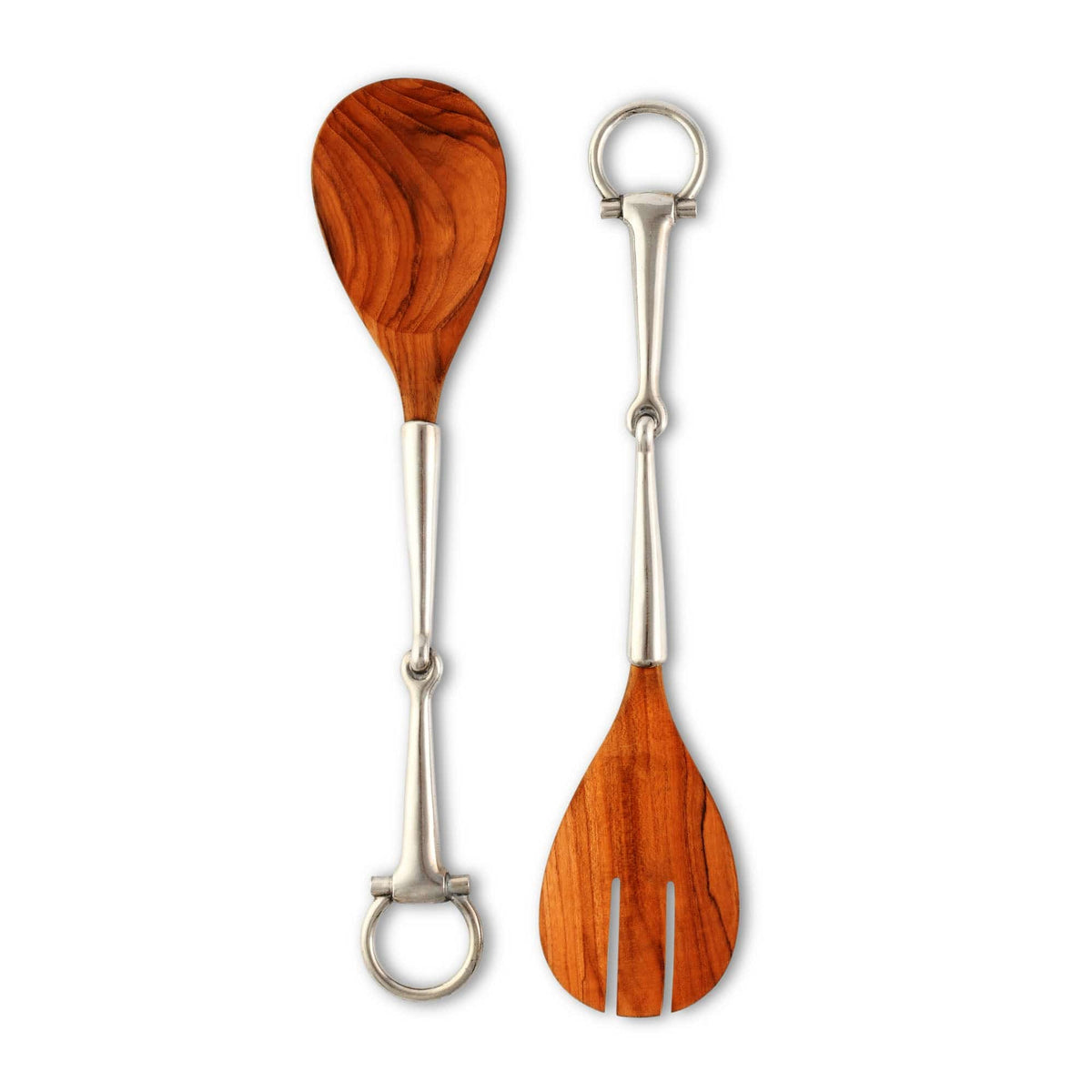 Bit Wood Salad Server Set with two wooden spoons featuring metal handles and rings, one slotted.