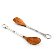 Bit Wood Salad Server Set with wooden spoons and silver handles with rings.