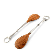 Bit Wood Salad Server Set with wooden teardrop-shaped servers and metal handles with rings.
