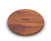 Cheese Board - Equestrian Bit, round wooden platter with branded stamp, top view.