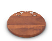 Cheese Board - Equestrian Bit, round wooden platter with silver metal handle detail on top.