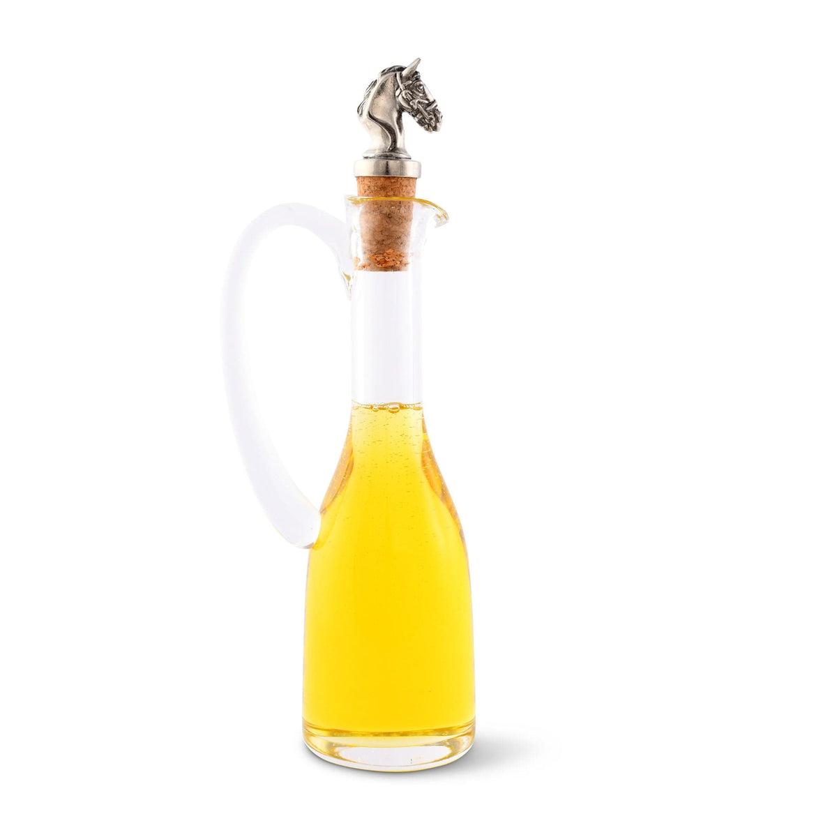 Cruet Bottle with Horse Head Cork Stopper filled with yellow liquid, clear glass with white handle