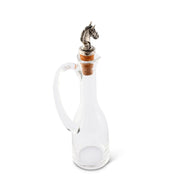Cruet Bottle with Horse Head Cork Stopper, clear glass with bronze metal finial