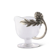 Artichoke Glass Gravy Boat with silver-tone metal handle and leaf detail.