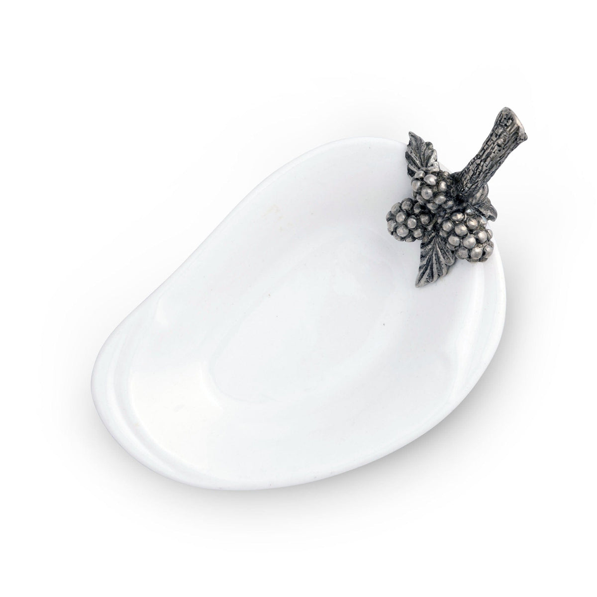 Blackberry Jam Server with pewter berries and leaf handle on white ceramic spoon rest