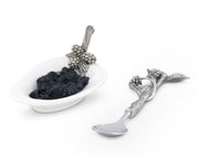 Blackberry Jam Server with silver berry and leaf handle, white ceramic dish, and matching spoon rest.