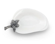 Blackberry Jam Server with pewter berries and leaf handle on white ceramic dish.