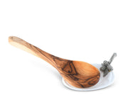 Blackberry Jam Server with wooden spoon, silver leaf handle, on white ceramic rest.