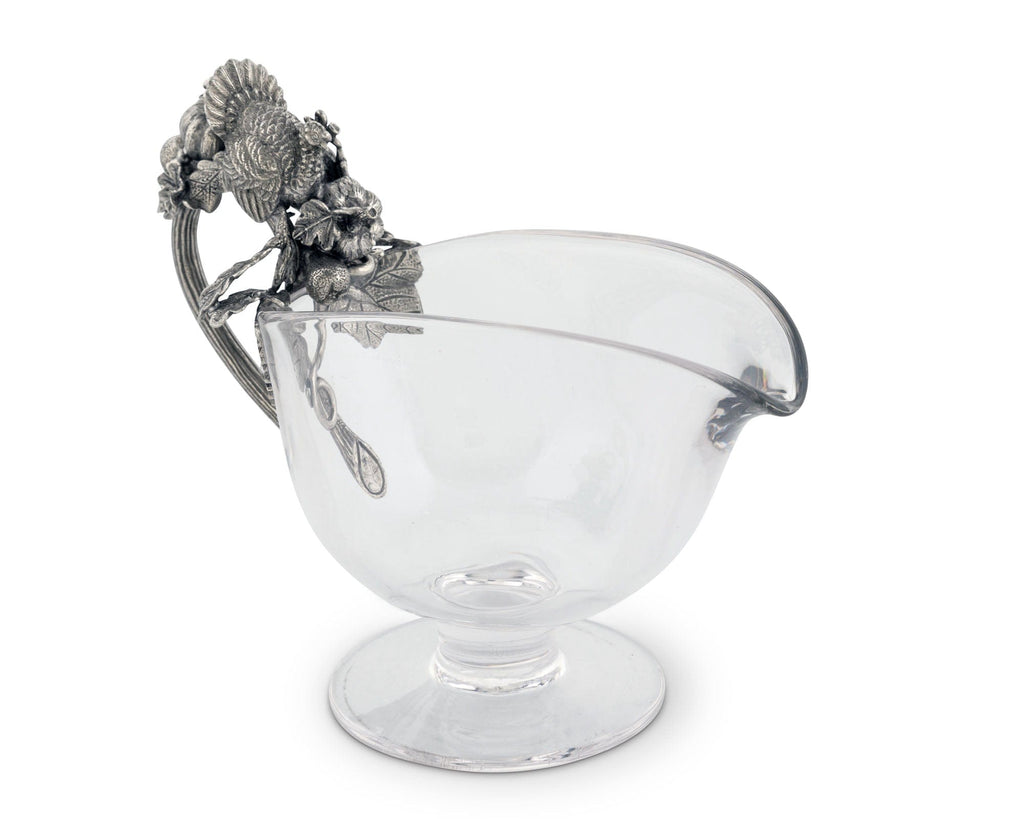 Hand Blown Glass Gravy Boat Pewter Harvest Turkey