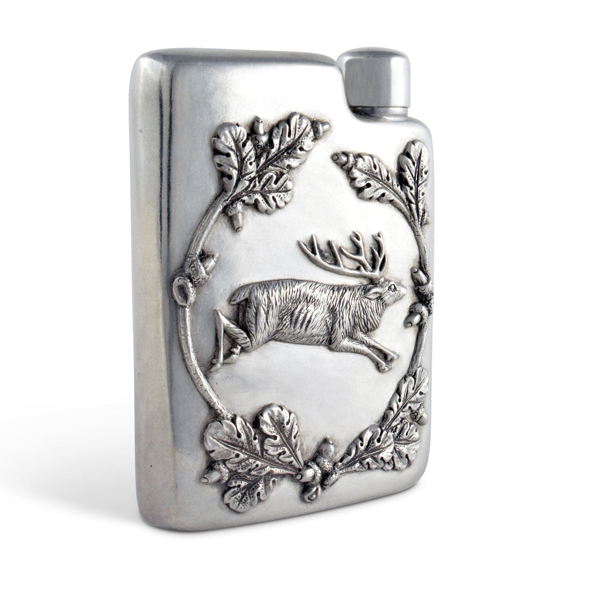 Black Forest Pewter Flask showing side profile view of embossed leaping stag with oak foliage.