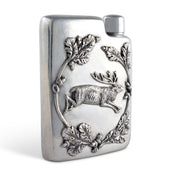 Black Forest Pewter Flask showing side profile view of embossed leaping stag with oak foliage.