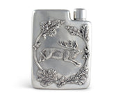 Black Forest Pewter Flask with embossed leaping stag surrounded by oak leaves and acorns