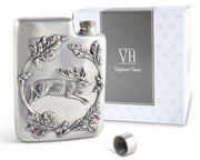 Black Forest Pewter Flask with packaging and screw cap displayed together