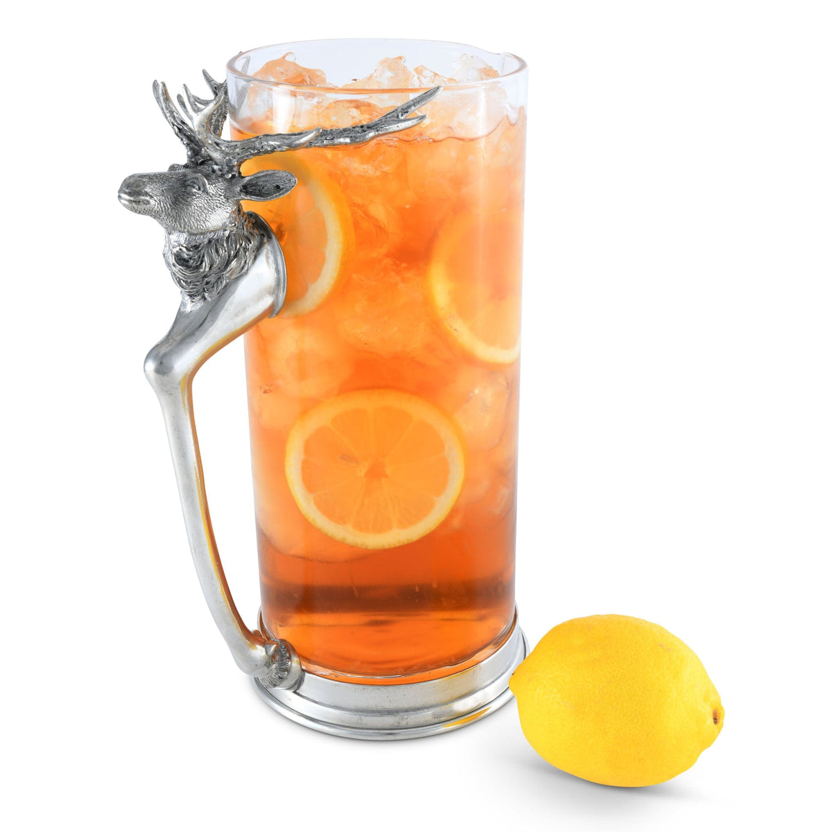 Deer Glass Pitcher filled with orange beverage and lemon slices, displayed with fresh lemon