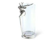 Deer Glass Pitcher, front view showing clear cylindrical body with silvered stag head handle