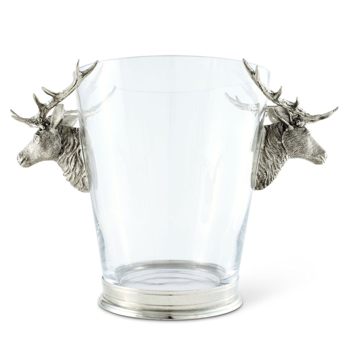 Deer Head Ice Bucket, clear glass with silver stag head handles on white background.