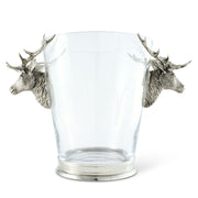 Deer Head Ice Bucket, clear glass with silver stag head handles on white background.