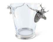 Deer Head Ice Bucket, clear glass with silver stag sculpture forming handles on rim.