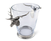Deer Head Ice Bucket, clear glass with silver stag sculpture and handles.