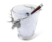 Deer Head Ice Bucket with silver antlers, clear glass vessel filled with ice, and wooden-handled bar spoon.