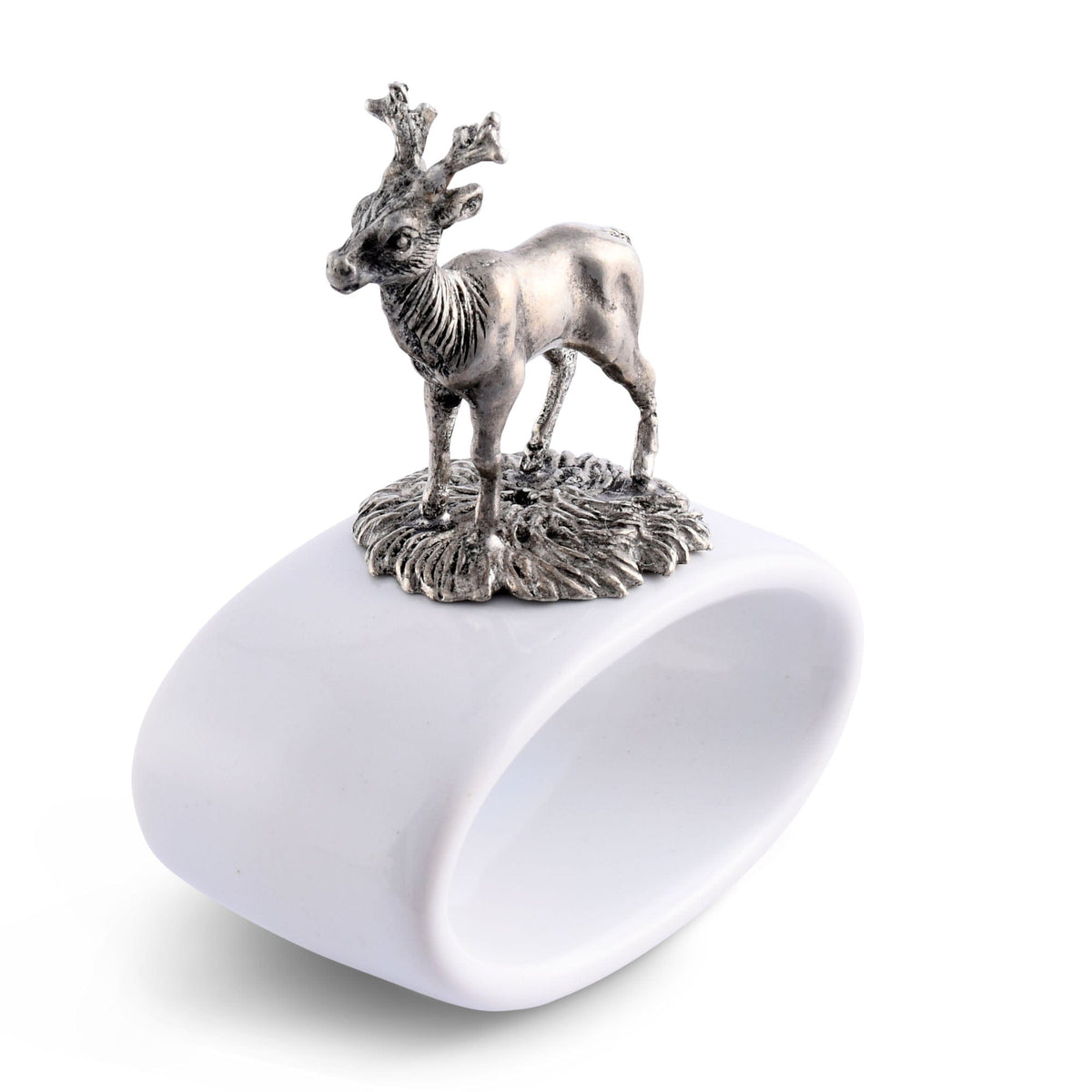 Deer Stoneware Napkin Ring with silver metallic deer figurine on white ceramic base