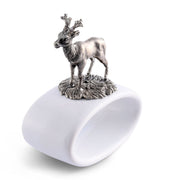 Deer Stoneware Napkin Ring with silver metallic deer figurine on white ceramic base