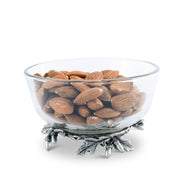 Acorn & Oak Leaf Dip Bowl filled with almonds, metal base with acorn and leaf details.
