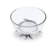 Acorn & Oak Leaf Dip Bowl, empty glass dish with silver metal base, front view angle.