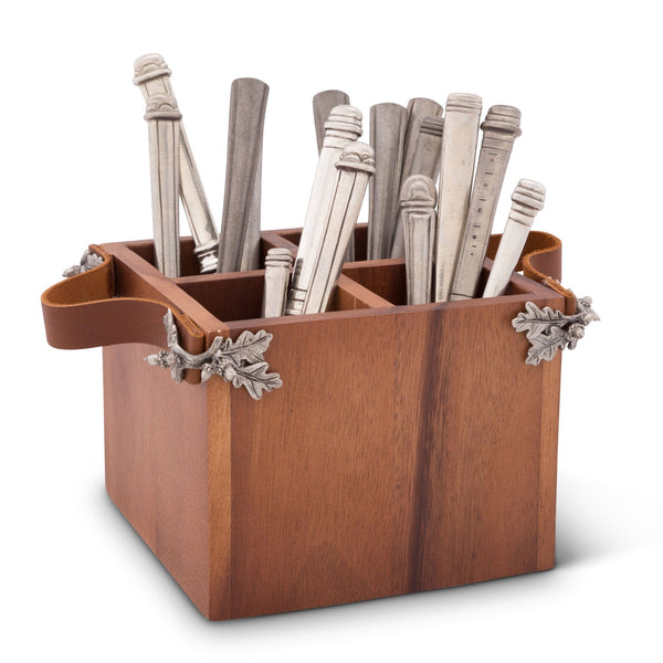 Acorn Oak Leaf Flatware Caddy - Square Box Wood