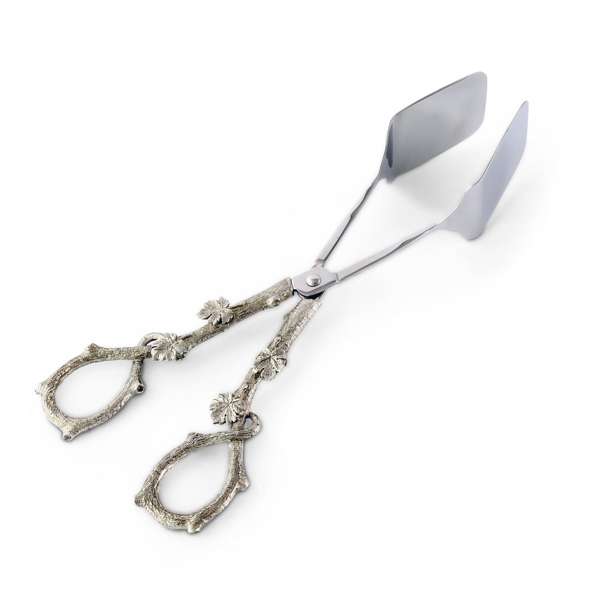 Acorn Oak Leaf Food Tongs displayed at angle, showing silver blades and textured gold handles with teardrop loops.