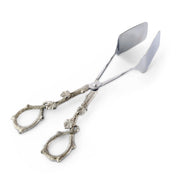 Acorn Oak Leaf Food Tongs displayed at angle, showing silver blades and textured gold handles with teardrop loops.