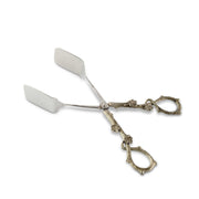 Acorn Oak Leaf Food Tongs with silver blades and ornate gold-toned handles with loop ends.