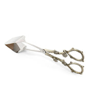 Acorn Oak Leaf Food Tongs with textured gold handles and white stainless steel scoops, shown closed against white background.