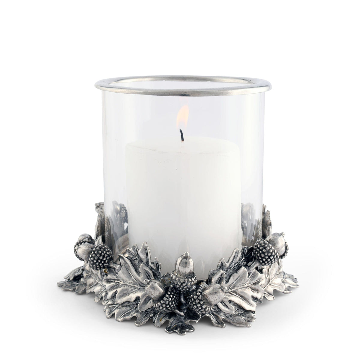 Acorn Oak & Leaf Hurricane with lit candle in glass cylinder and silver metal leaf base.