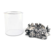 Acorn Oak & Leaf Hurricane with silver metal decorative base and clear glass cylinder.