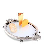 Acorn & Oak Leaf Oval Glass Tray styled with cheese and crackers on mirror surface