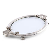 Acorn & Oak Leaf Oval Glass Tray shown at angle with silver metal decorative handles and feet