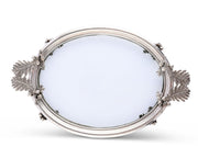 Acorn & Oak Leaf Oval Glass Tray, top view showing clear glass surface with ornate silver handles and decorative leaf details.