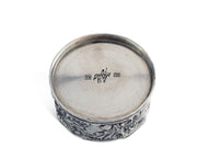 Acorn Oak & Leaf Pewter Wine Coaster, circular silver piece with embossed foliage design on sides and maker's mark on top.