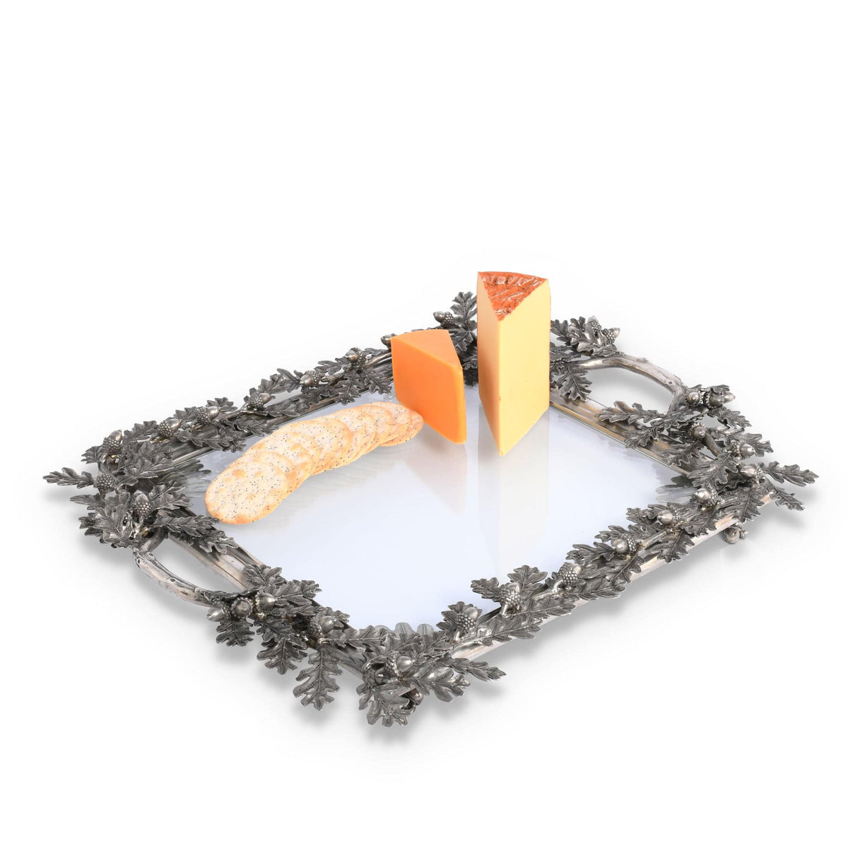 Acorn Oak & Leaf Square Glass Tray with cheese slices and crackers, metallic leaf-shaped handles