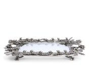 Acorn Oak & Leaf Square Glass Tray, empty, with silvered metal ornamental frame and leafy embellishments on white background.
