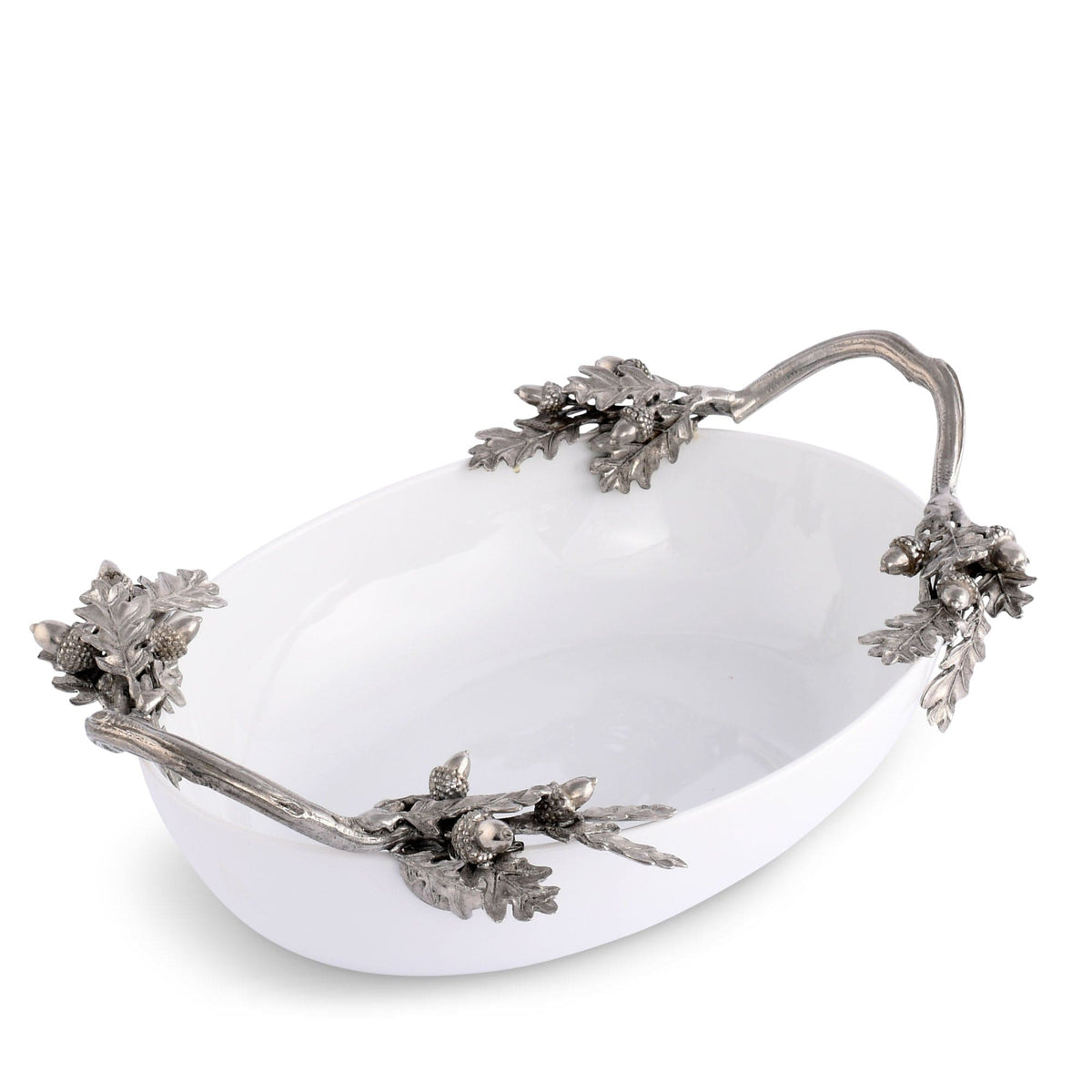 Acorn Oak & Leaf Stoneware Serving Dish, angled view showing white bowl with pewter handles and acorn finials.