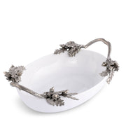 Acorn Oak & Leaf Stoneware Serving Dish, angled view showing white bowl with pewter handles and acorn finials.